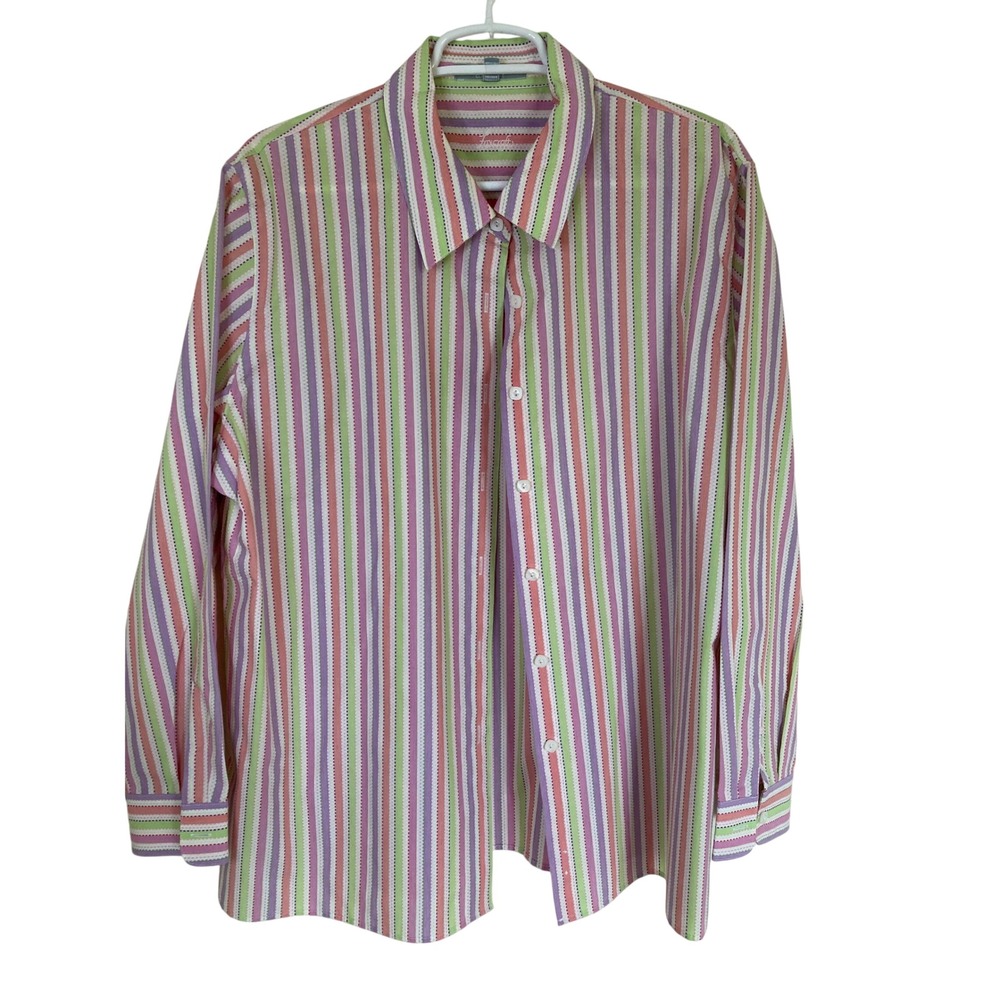 Foxcroft Women 16W Wrinkle Free Stripe Button Down Shirt Multi Color Long Sleeve